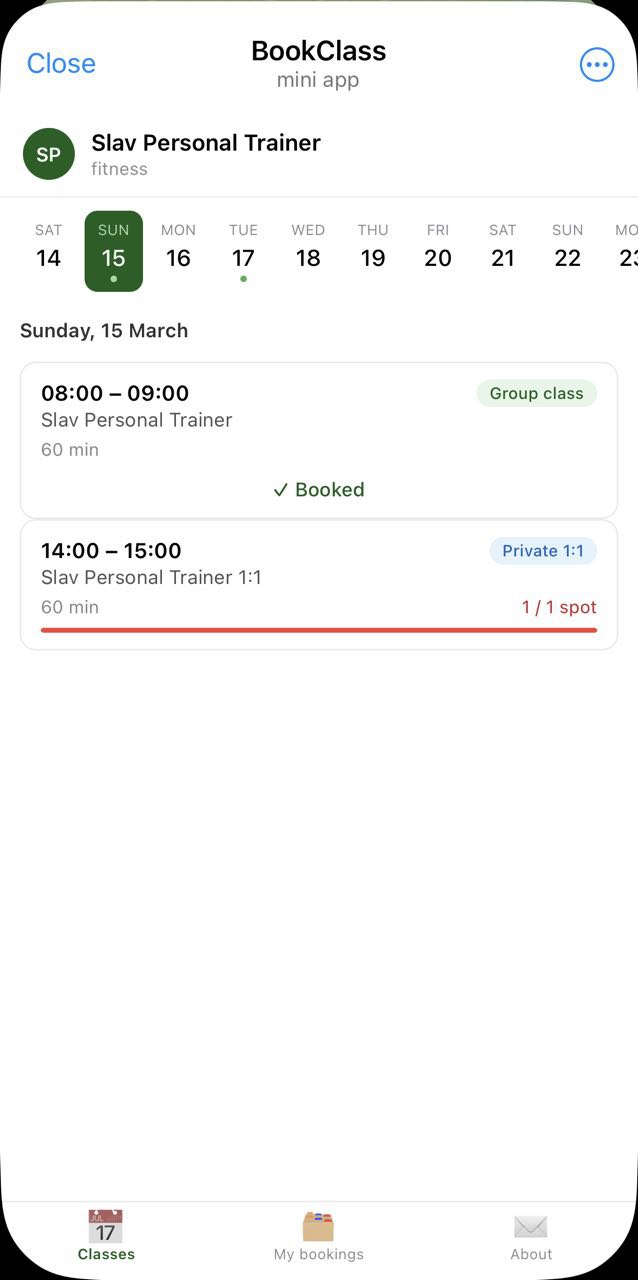 Classes schedule with week calendar strip