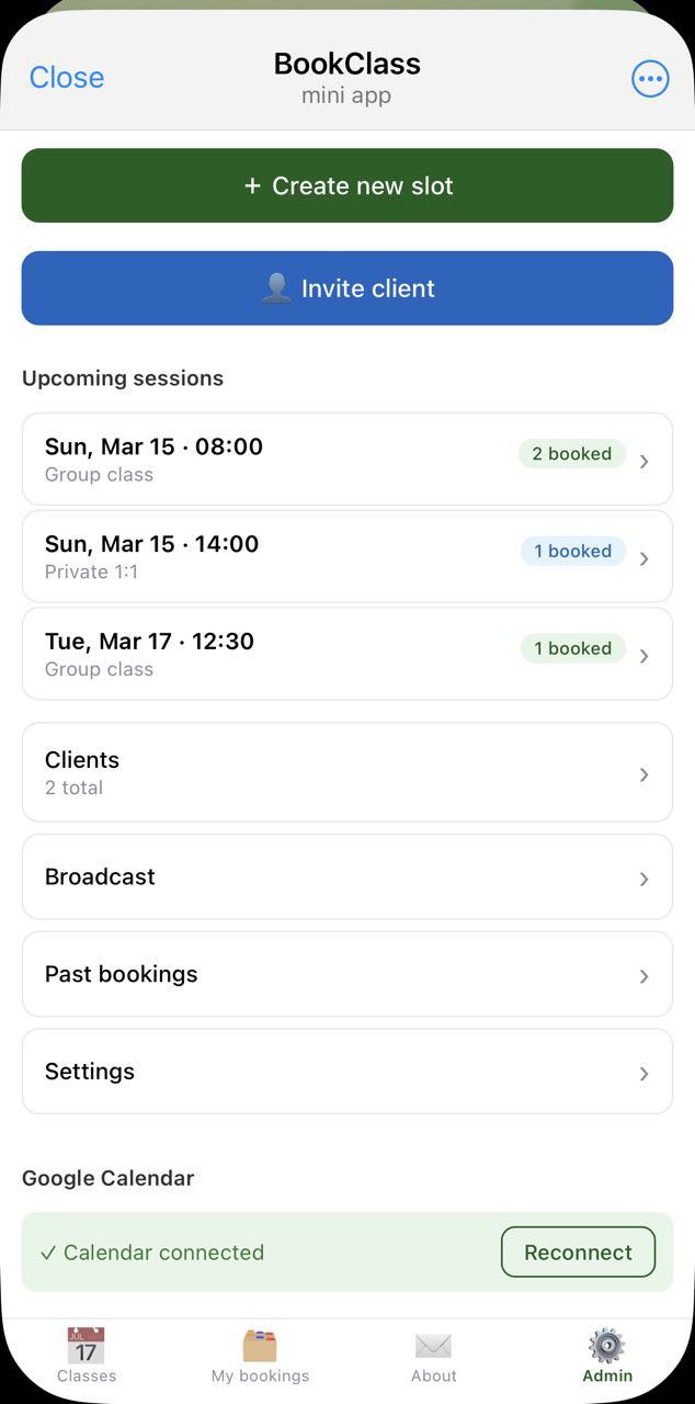 Admin dashboard with stats and upcoming sessions